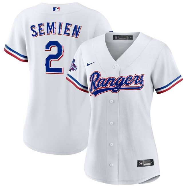 Women%27s Texas Rangers #2 Marcus Semien White 2023 World Series Champions Stitched Jersey(Run Small) Dzhi->mlb womens jerseys->MLB Jersey